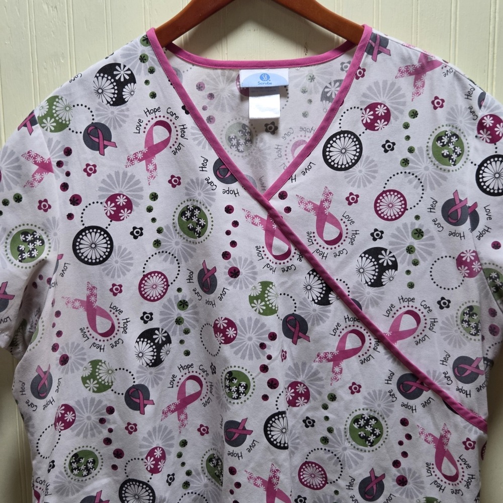 SB Scrubs Shirt Womens XL Multicolor Pink‎ Ribbon Scrub Breast Cancer Tunic Top